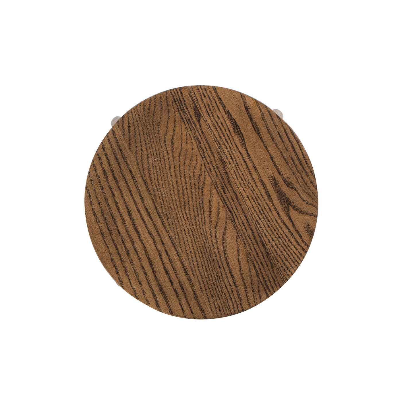Circular dark oak veneer tabletop with prominent grain pattern and chrome edge accents