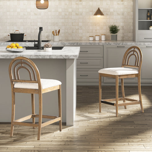 Natural wood bar stool with white boucl cushion and arched rattan back