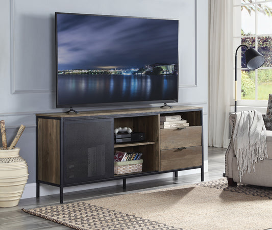 Industrial style media console with wood finish and black metal accents