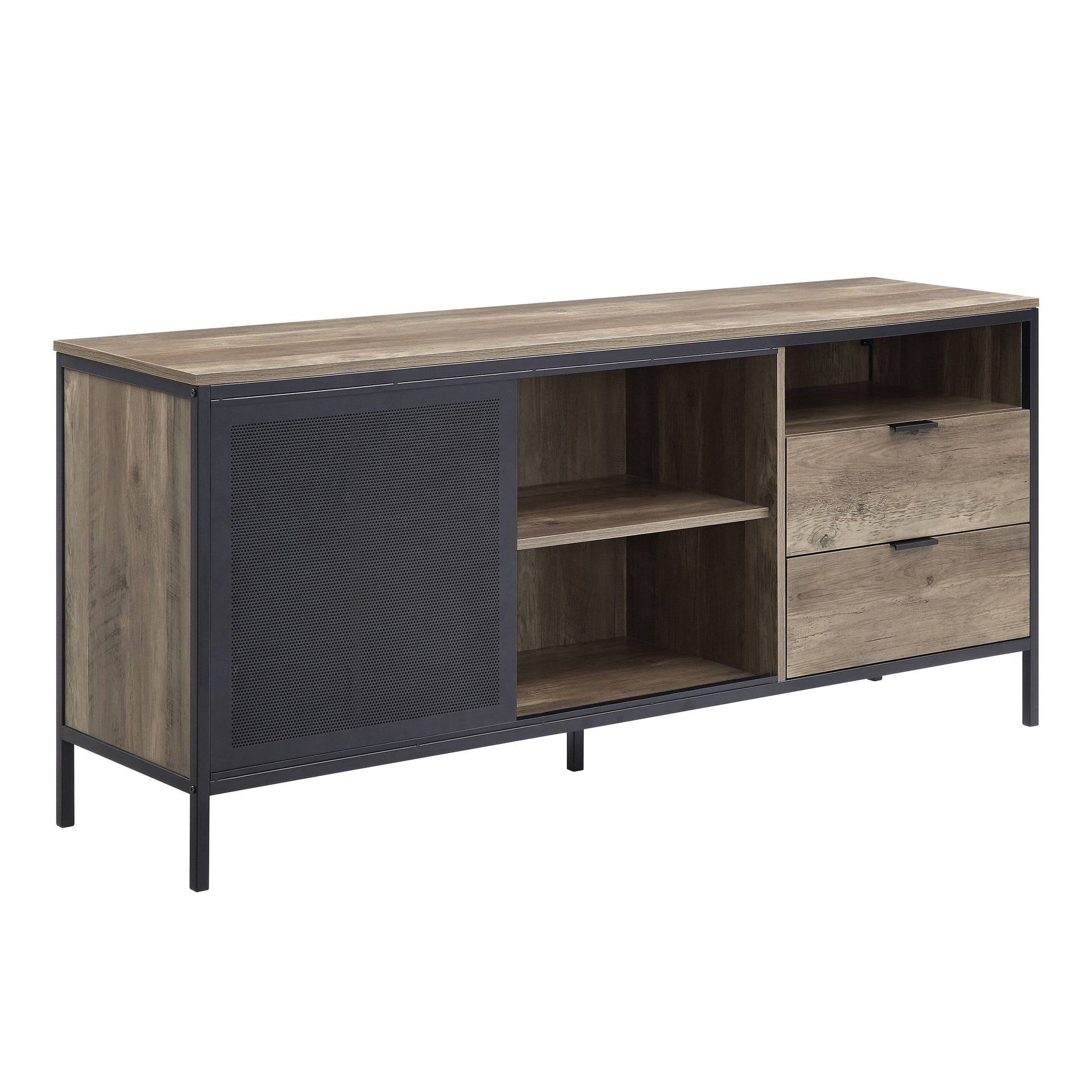 Rustic wood and black metal TV stand with sliding door and drawers for storage