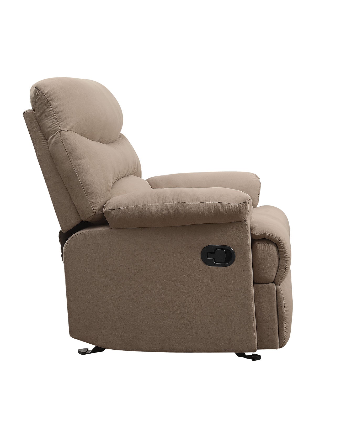 Taupe microfiber recliner chair with padded headrest and armrests