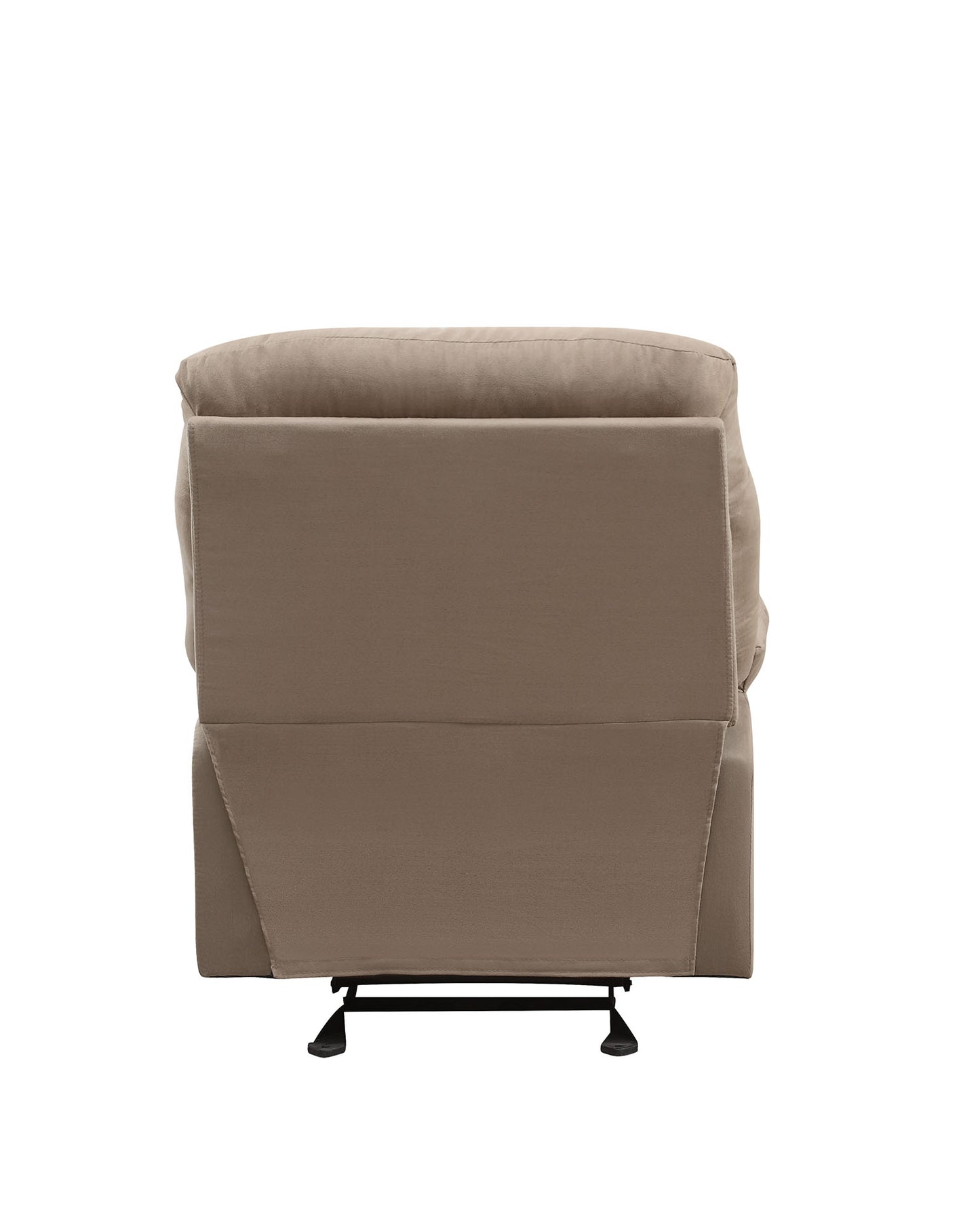 Taupe fabric recliner chair with plush cushioning and metal base