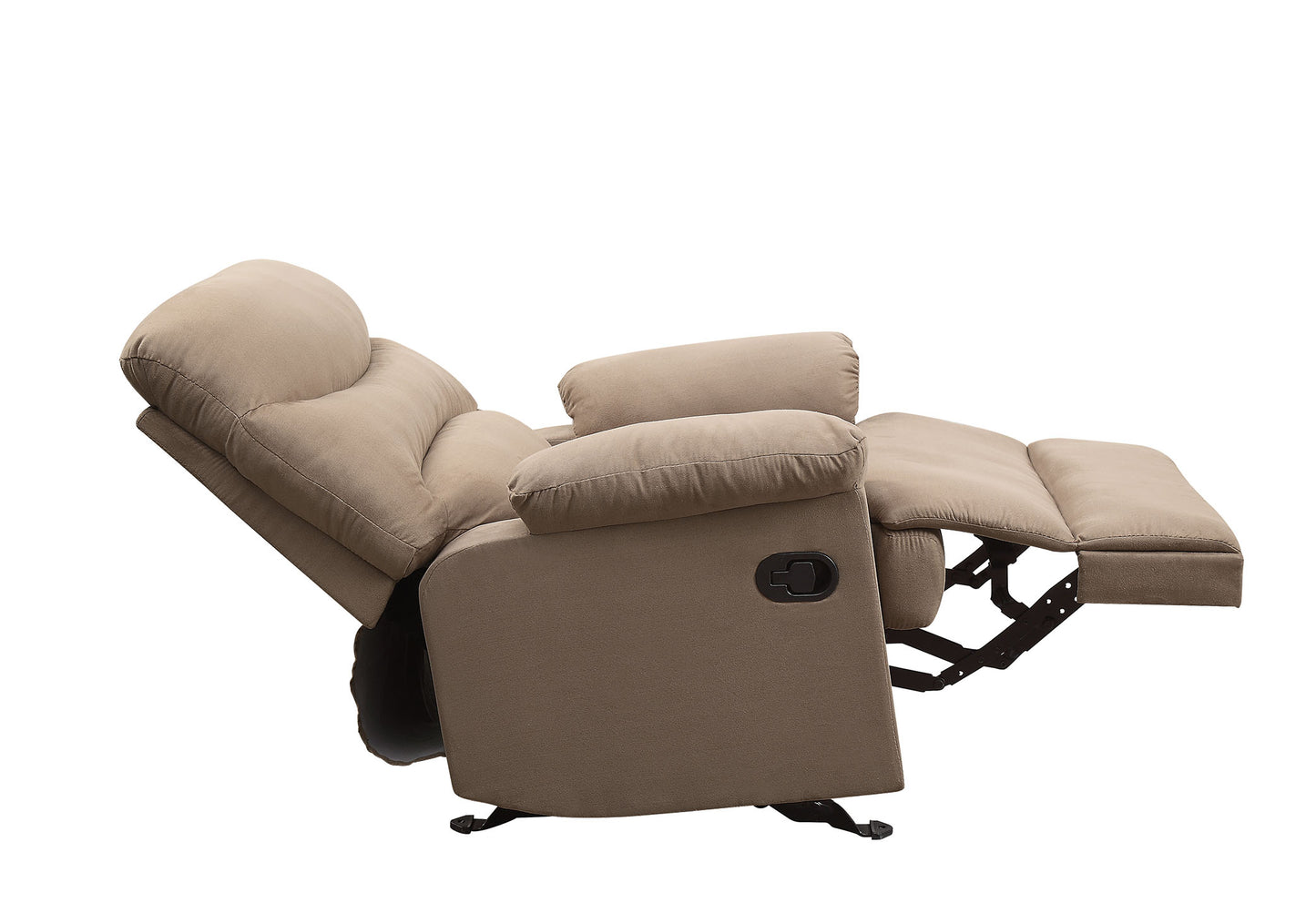 Tan fabric reclining chair with extended footrest and adjustable back