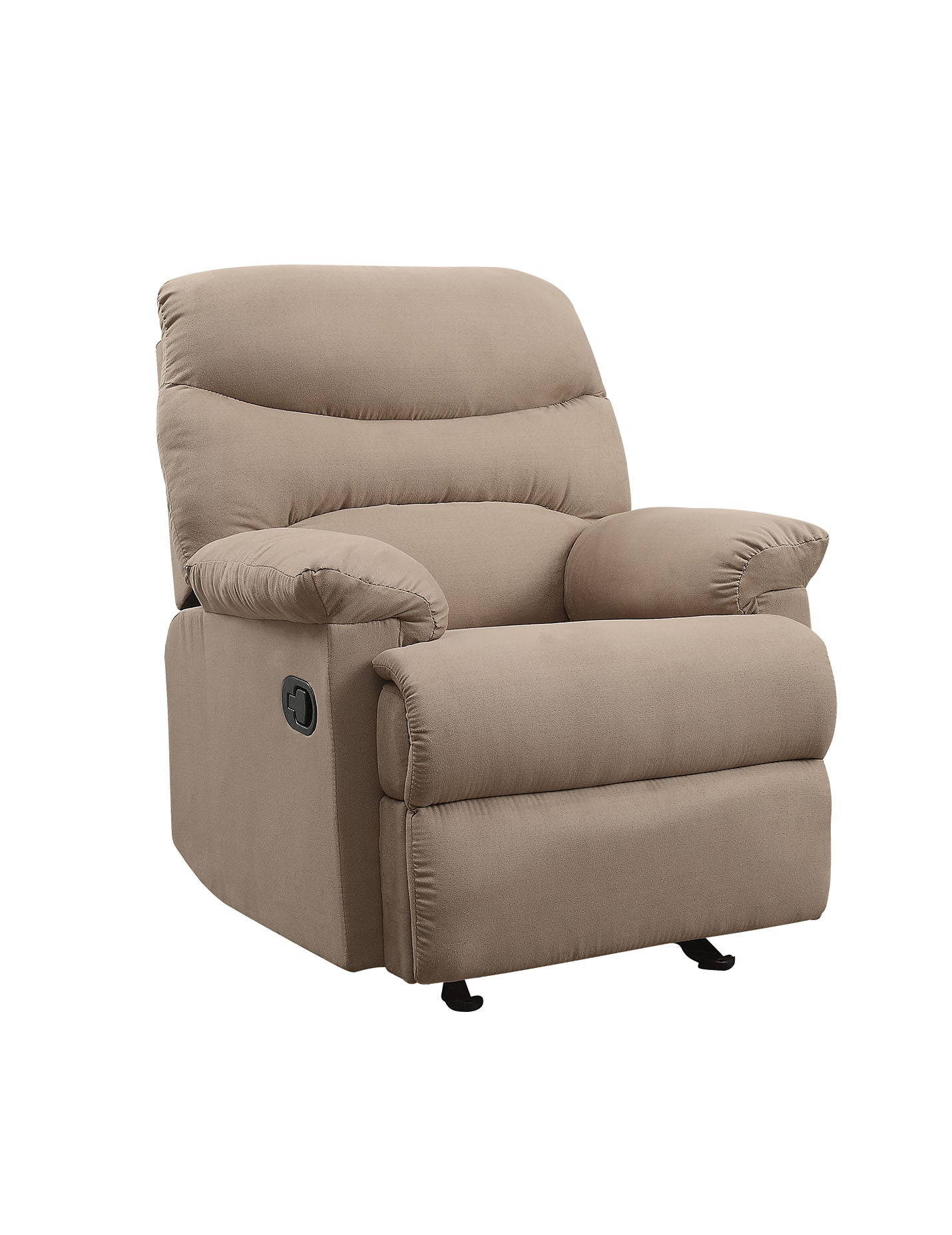 Taupe fabric recliner chair with plush padding and recliner lever