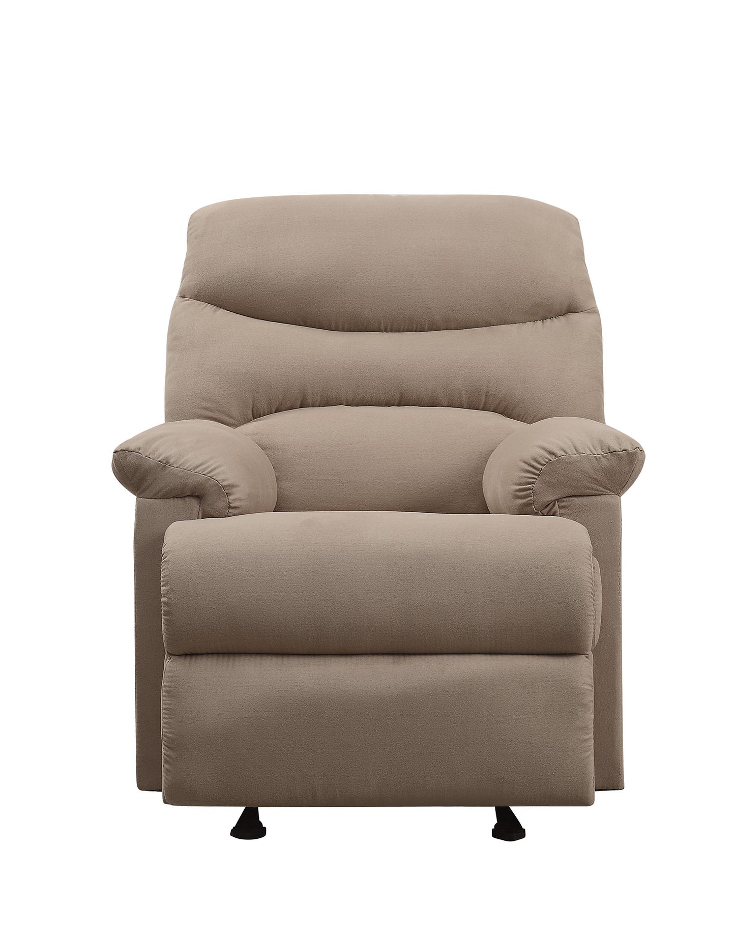 Plush taupe fabric recliner chair with padded arms and footrest for ultimate comfort