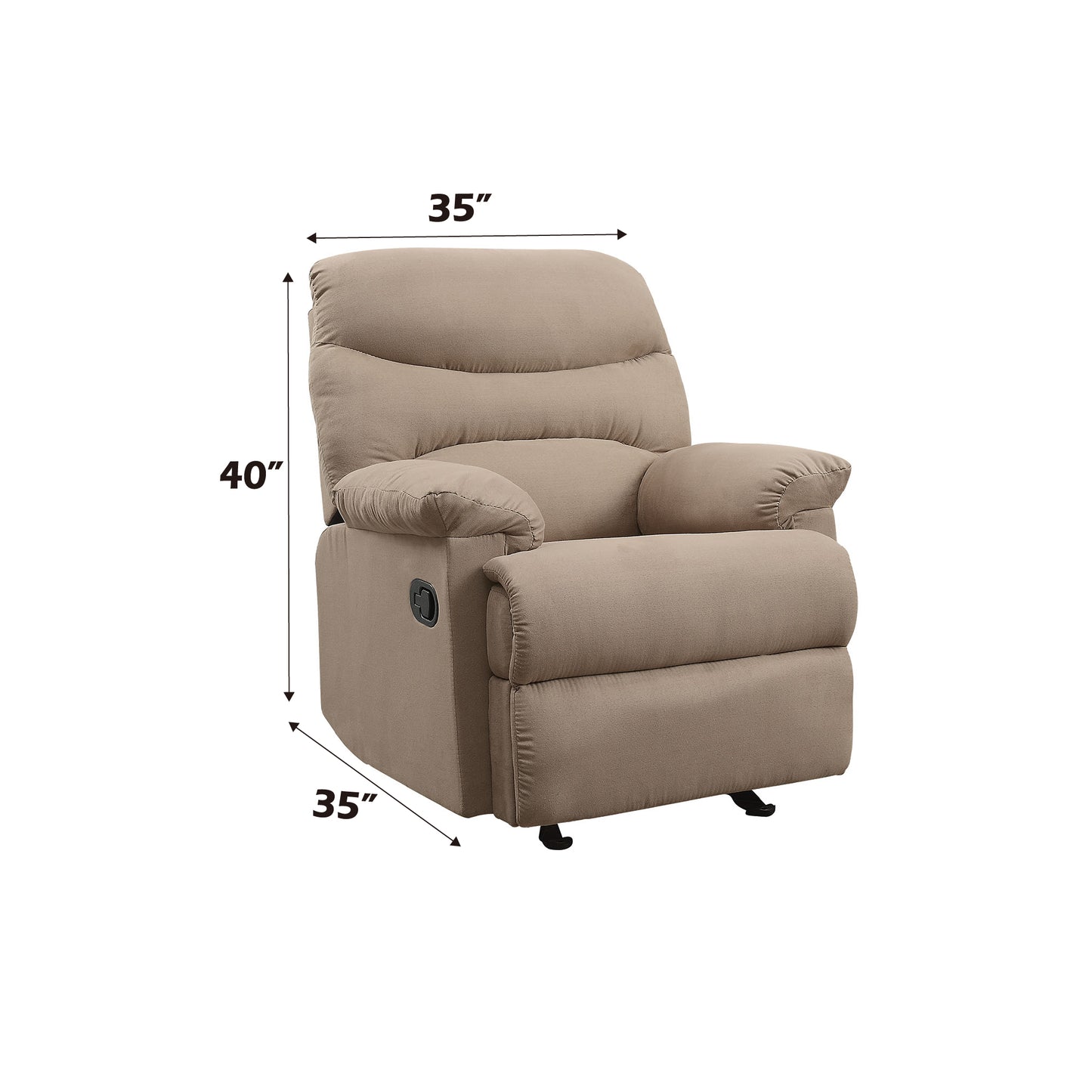 Taupe fabric recliner chair with plush padding and dimensions W x H x D