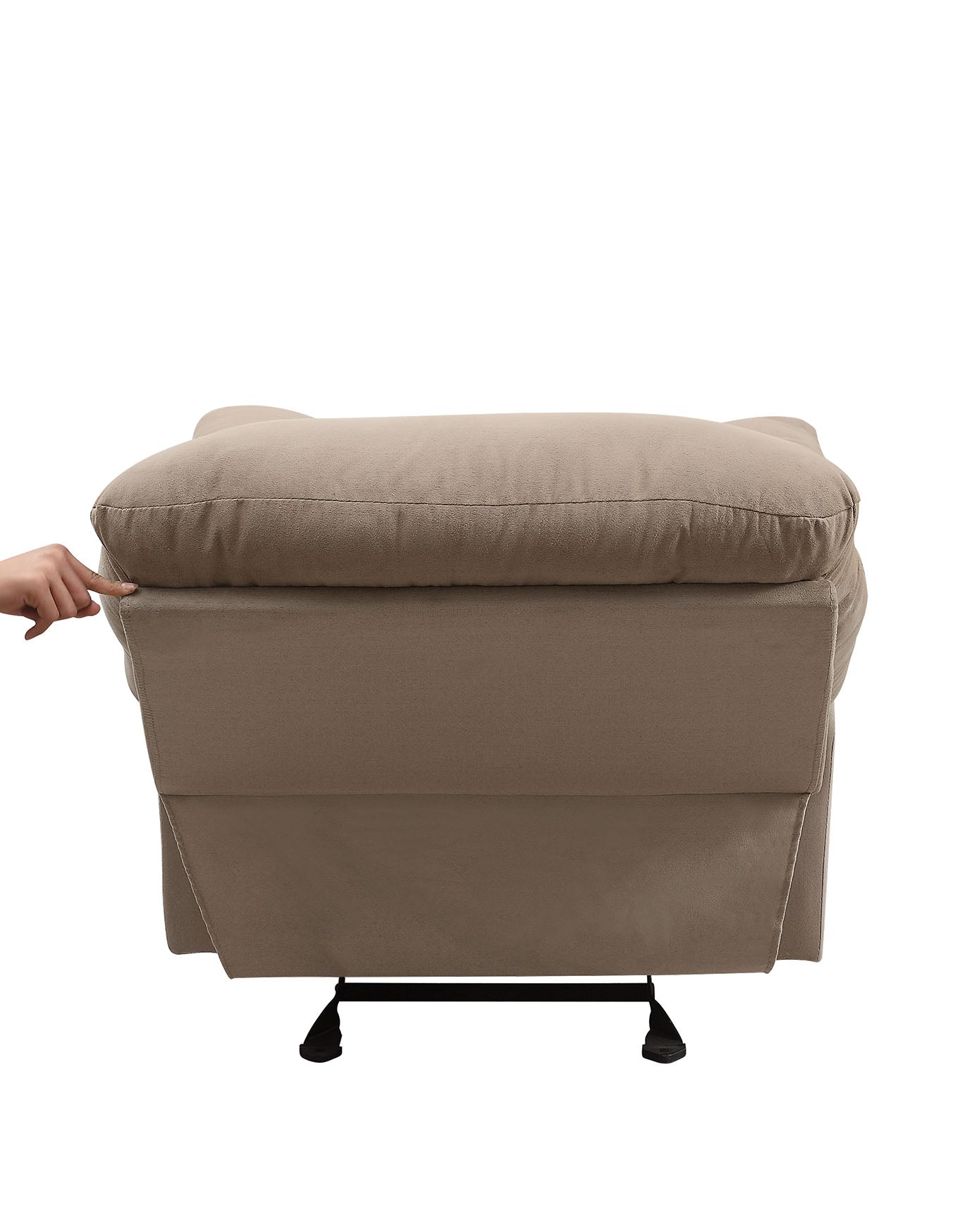 Tan upholstered recliner chair with a footrest mechanism visible