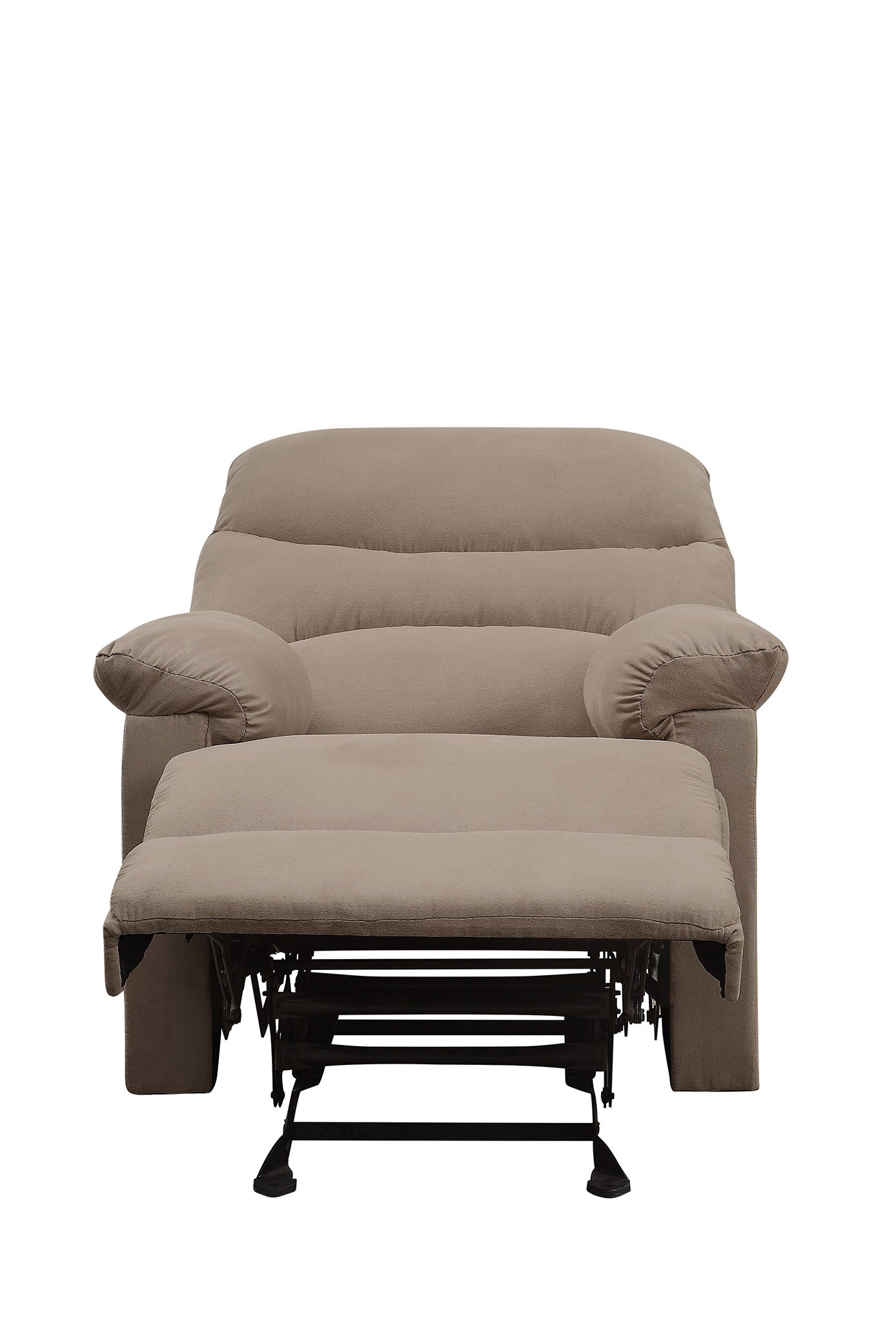 Taupe fabric recliner chair with extended footrest perfect for living room relaxation