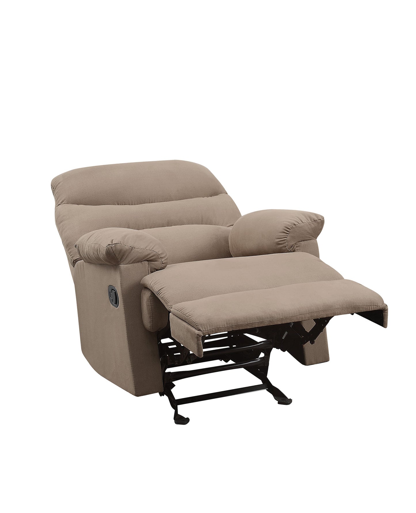 Taupe fabric recliner chair with footrest extended perfect for living room relaxation