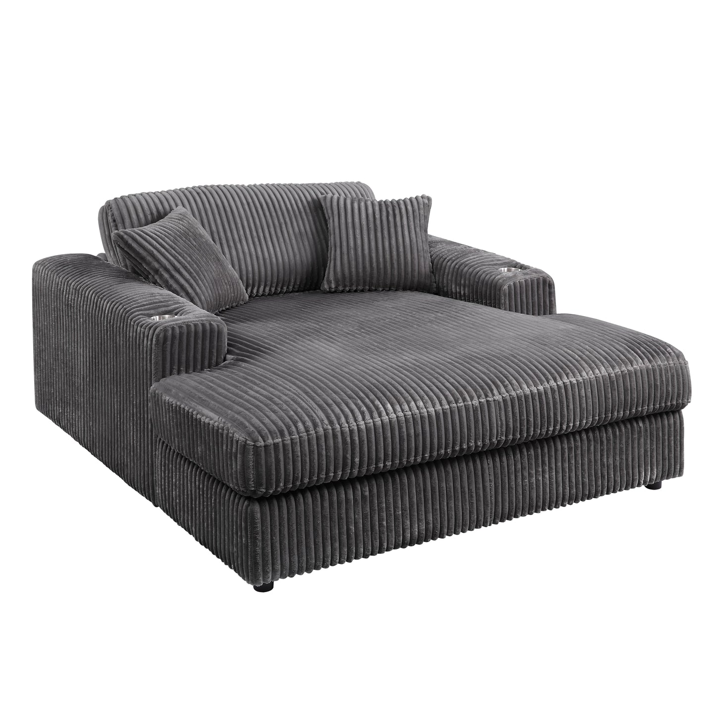 Plush grey corduroy chaise lounge with two throw pillows and builtin cup holders