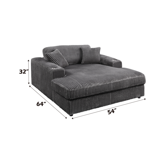 Plush grey corduroy chaise lounge with two throw pillows and integrated cup holders