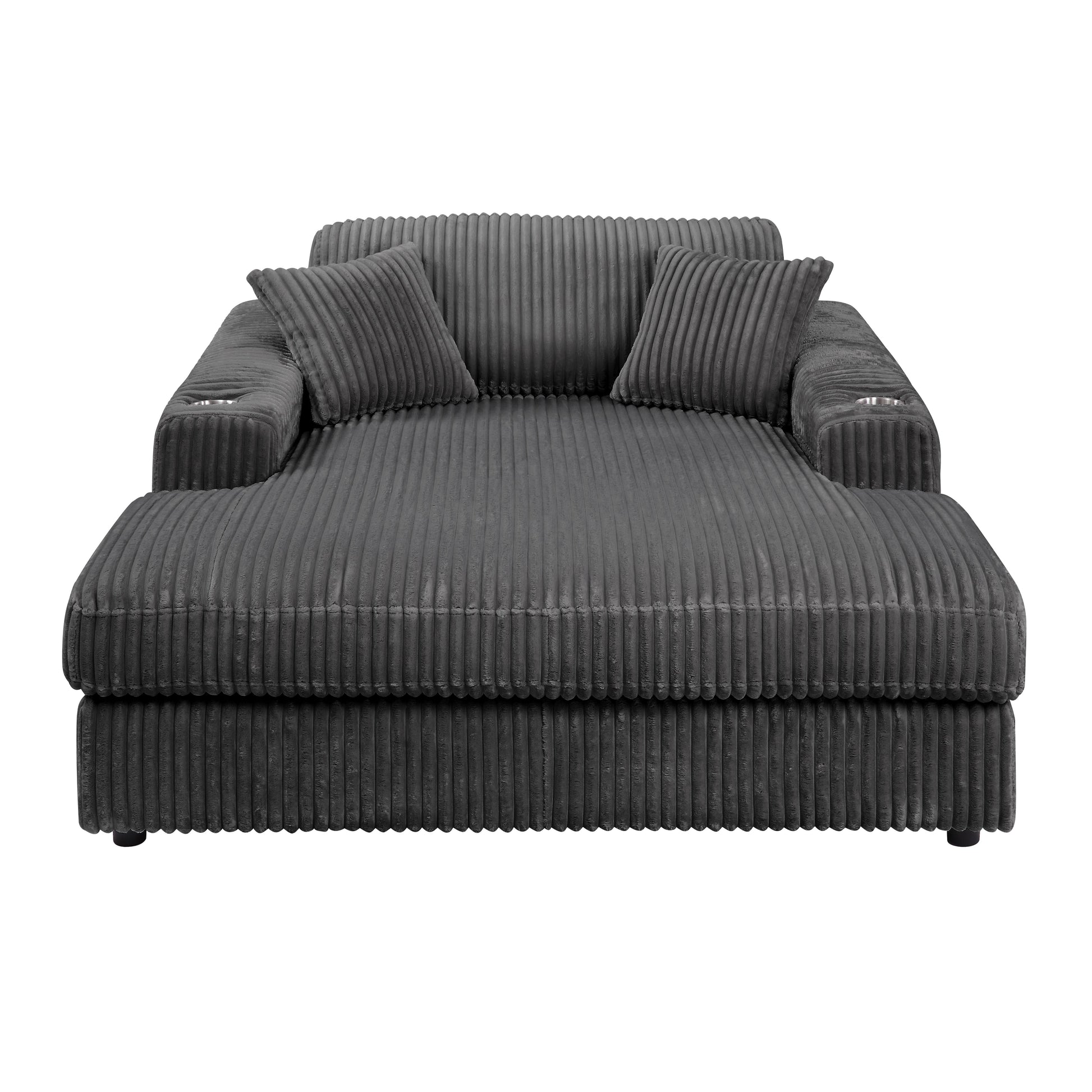 Dark gray corduroy chaise lounge with two pillows and builtin cup holders