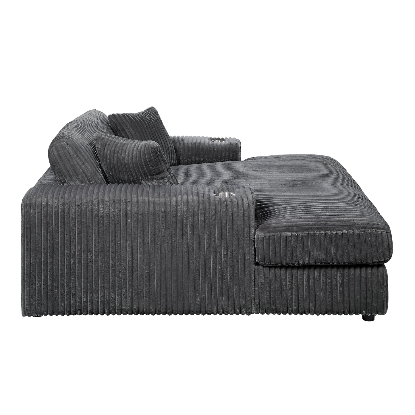 Dark gray corduroy sectional sofa with chaise and integrated cup holders