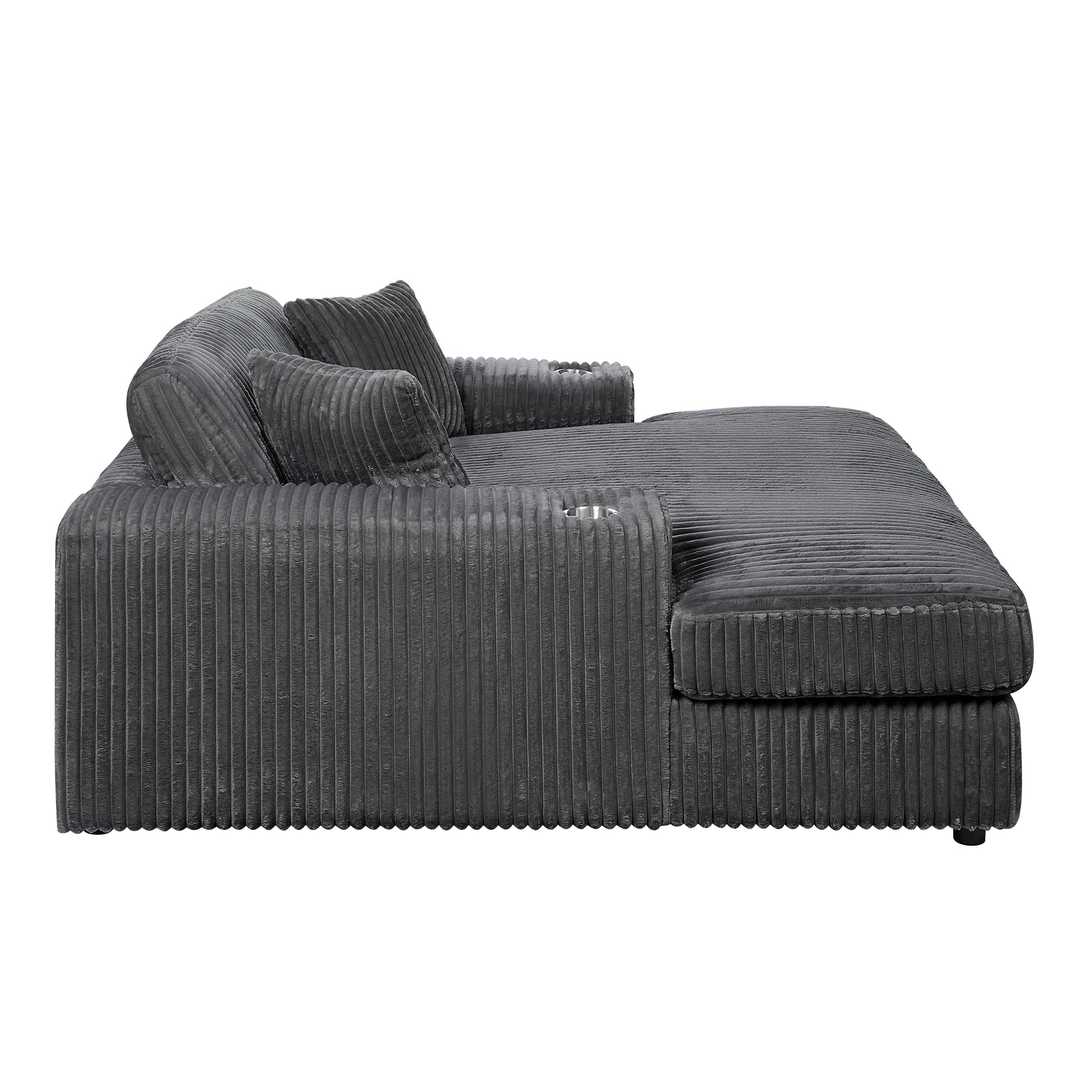 Dark gray corduroy sectional sofa with chaise and integrated cup holders