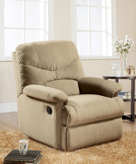 Plush taupe fabric recliner chair with padded armrests and lumbar support for ultimate relaxation