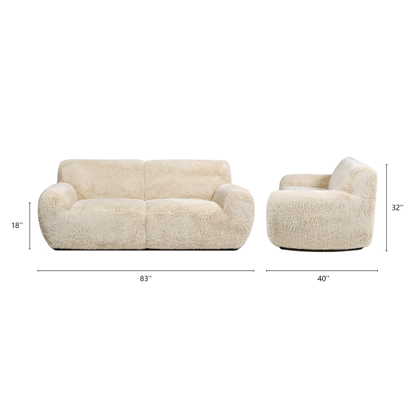 Plush cream teddy bear fabric sofa with rounded arms  inches wide