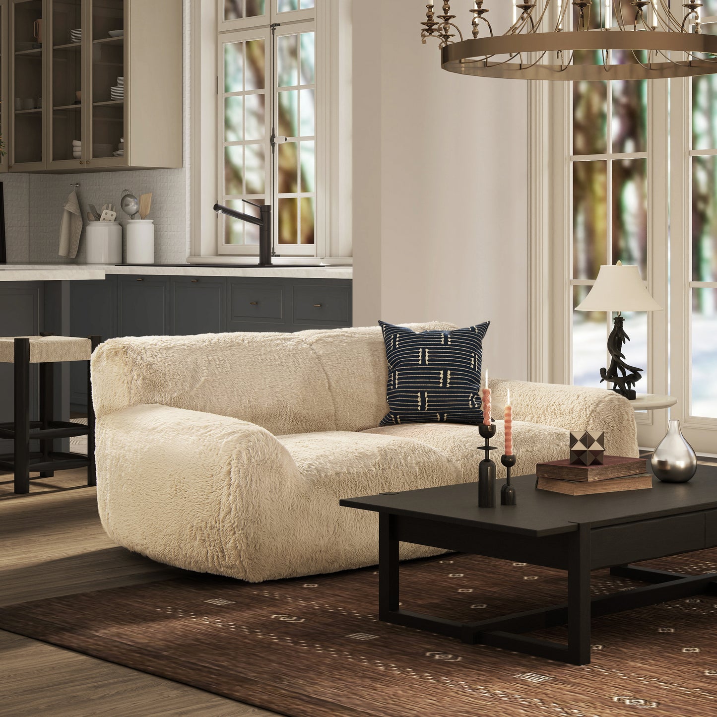 Creamy textured sofa with a navy striped throw pillow for a cozy living room
