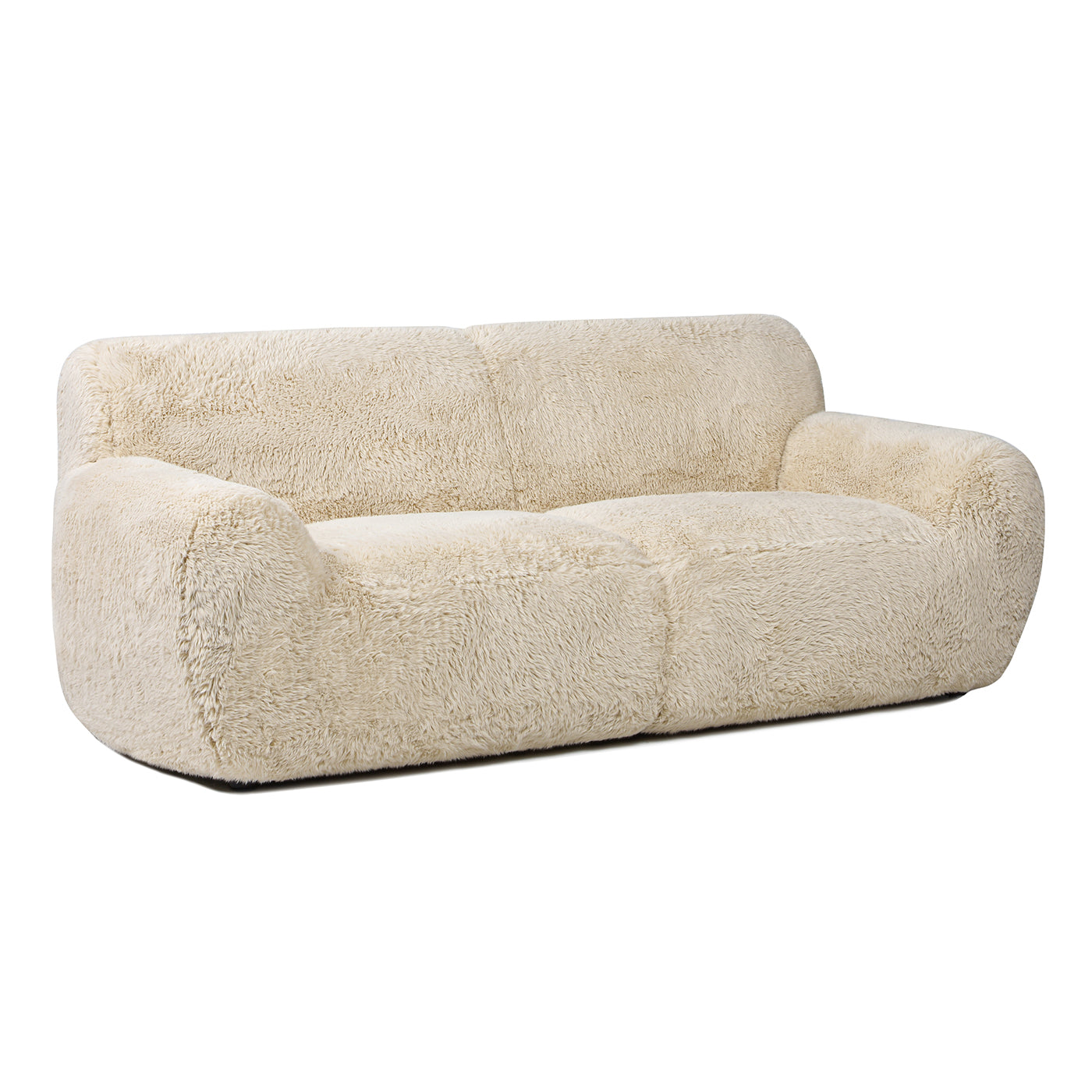 Plush cream sofa with soft shaggy faux fur upholstery perfect for cozy living rooms