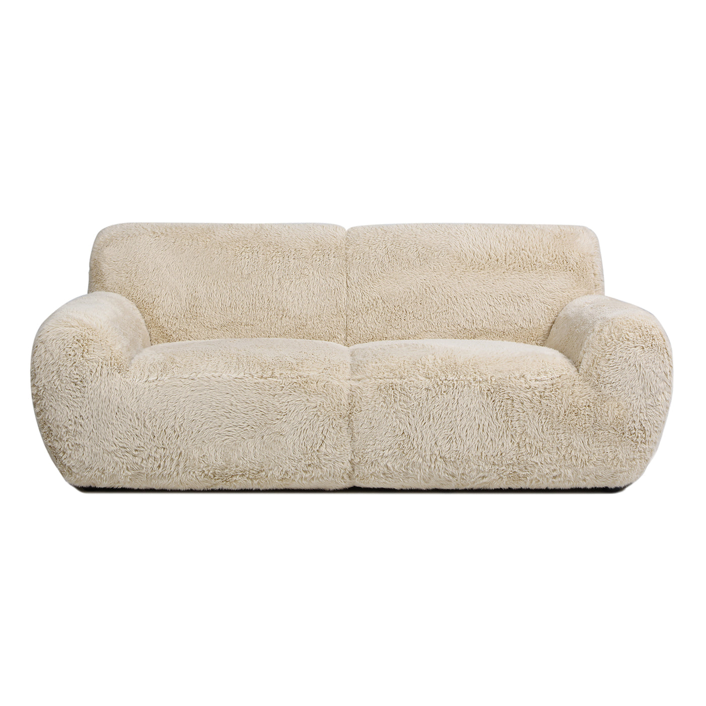 Cream fluffy sofa with plush upholstery and rounded arms