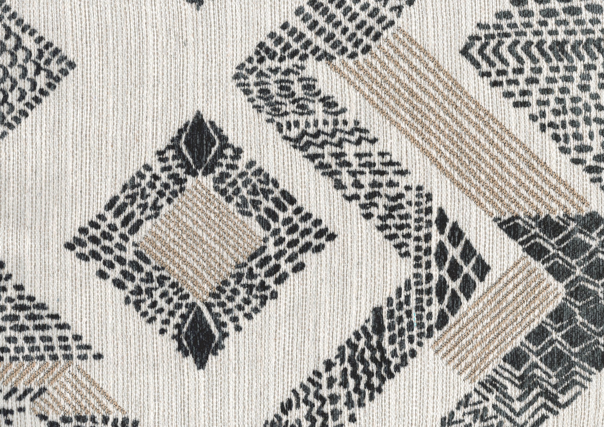 Textured fabric with a black and beige diamond pattern on a cream background