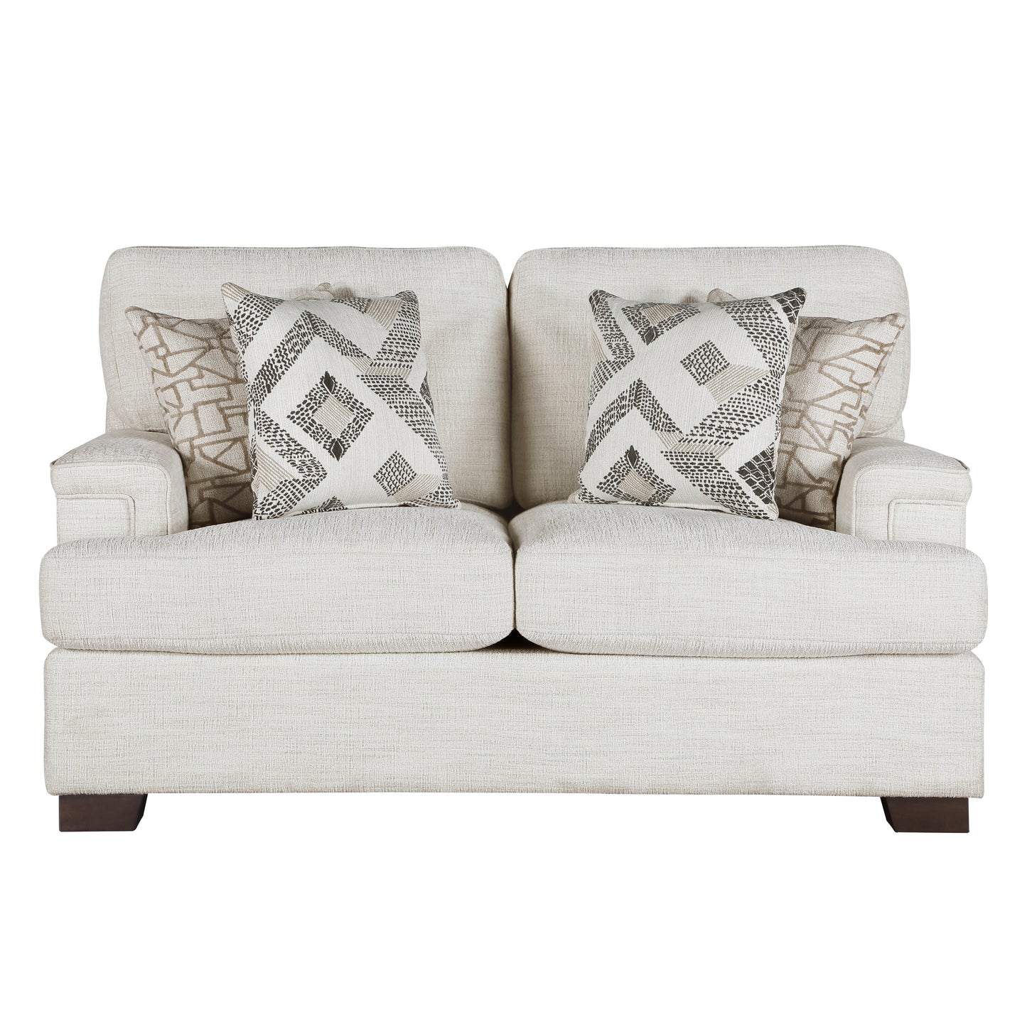 Cream upholstered loveseat with geometric pattern throw pillows and dark wood legs