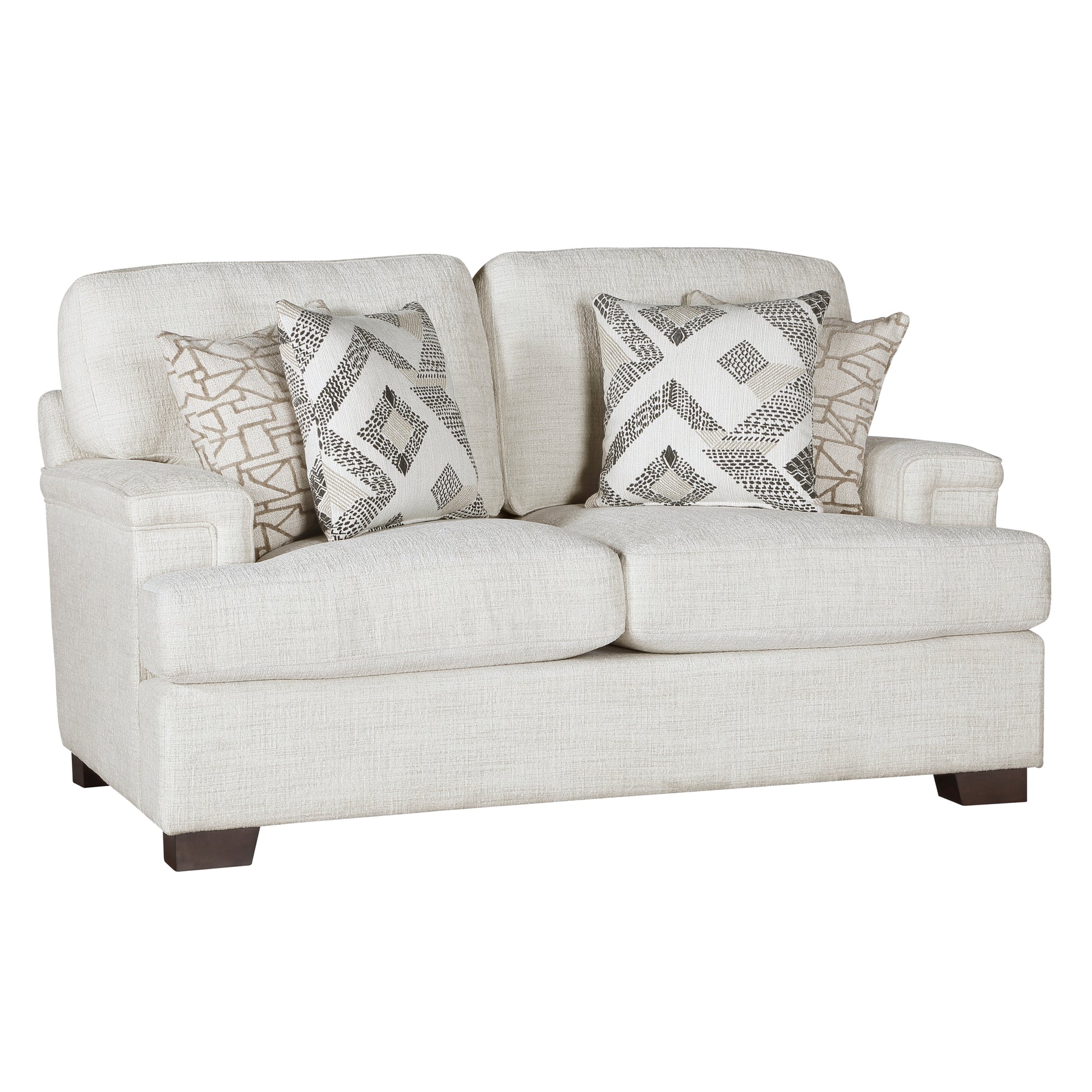 Cream fabric loveseat with geometric patterned throw pillows perfect for small living spaces