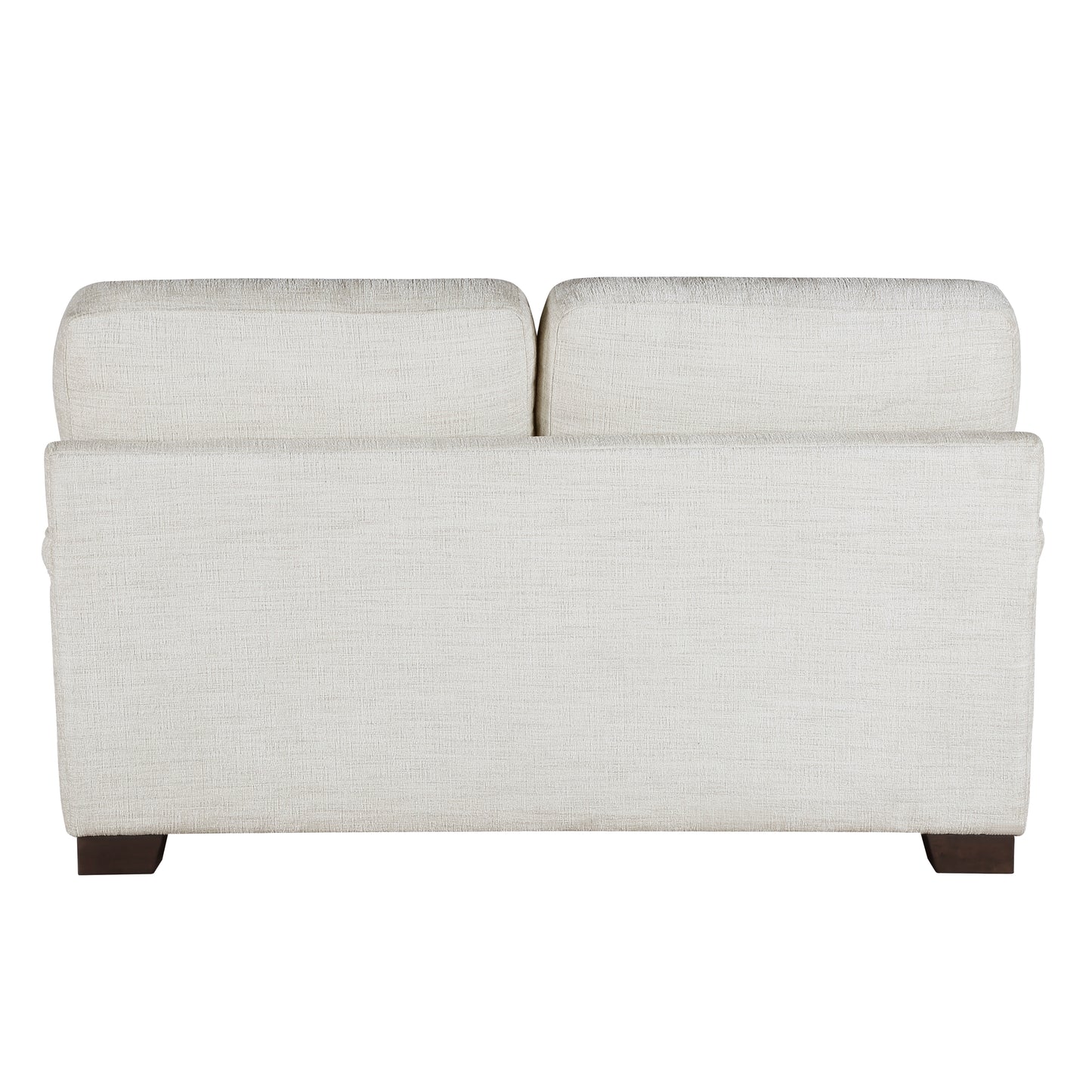 Rear view of a textured offwhite fabric twoseater sofa with dark wood feet