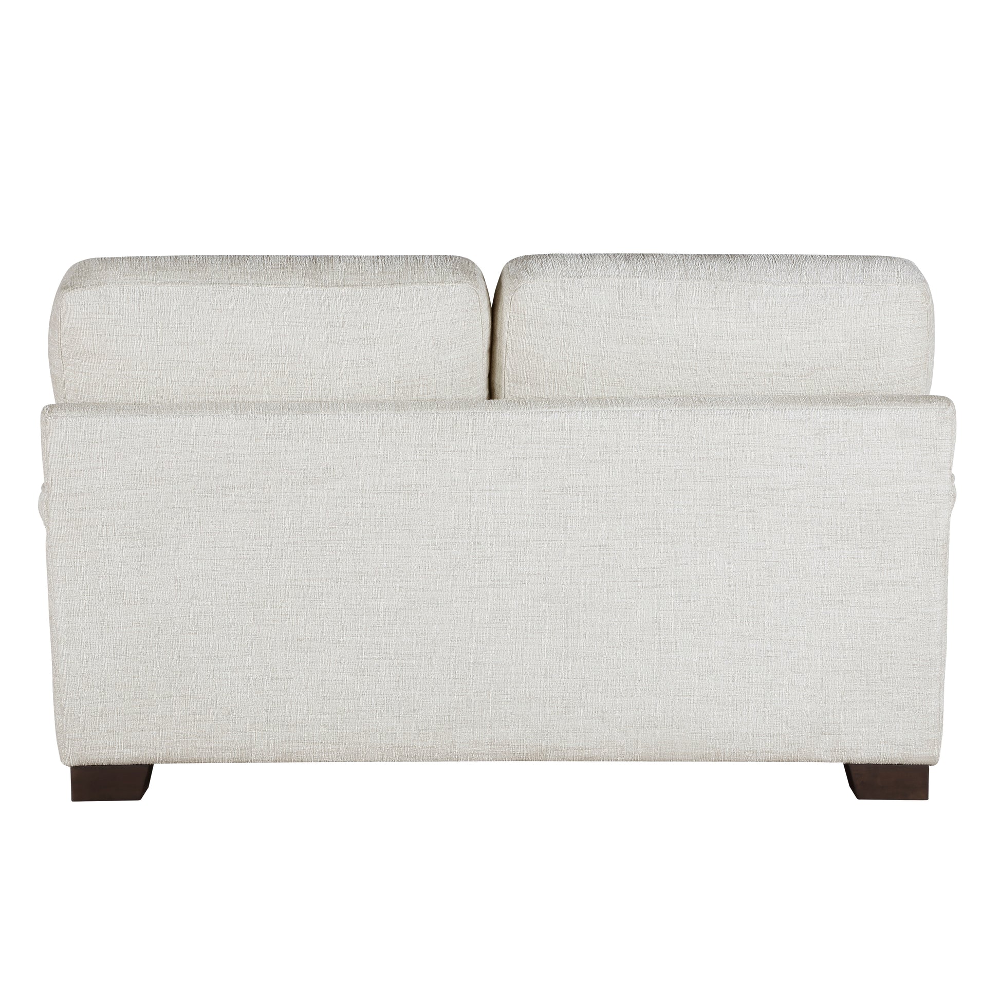 Rear view of a textured offwhite fabric twoseater sofa with dark wood feet