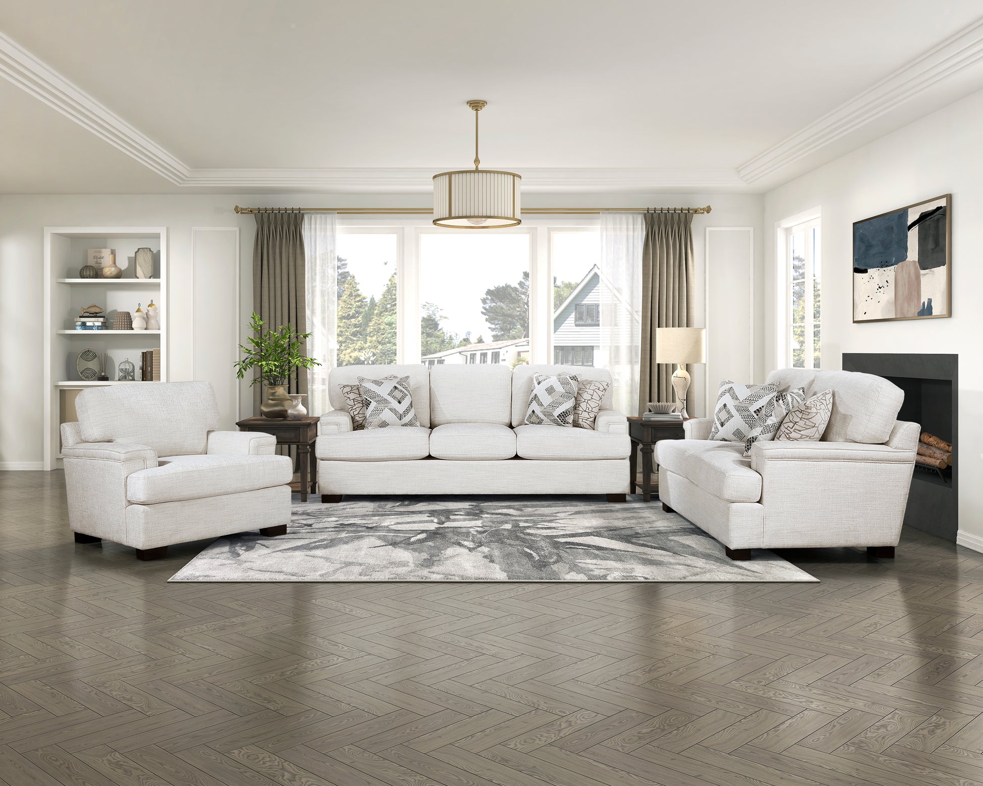 Cream linen sofa set with patterned accent pillows in a bright living room