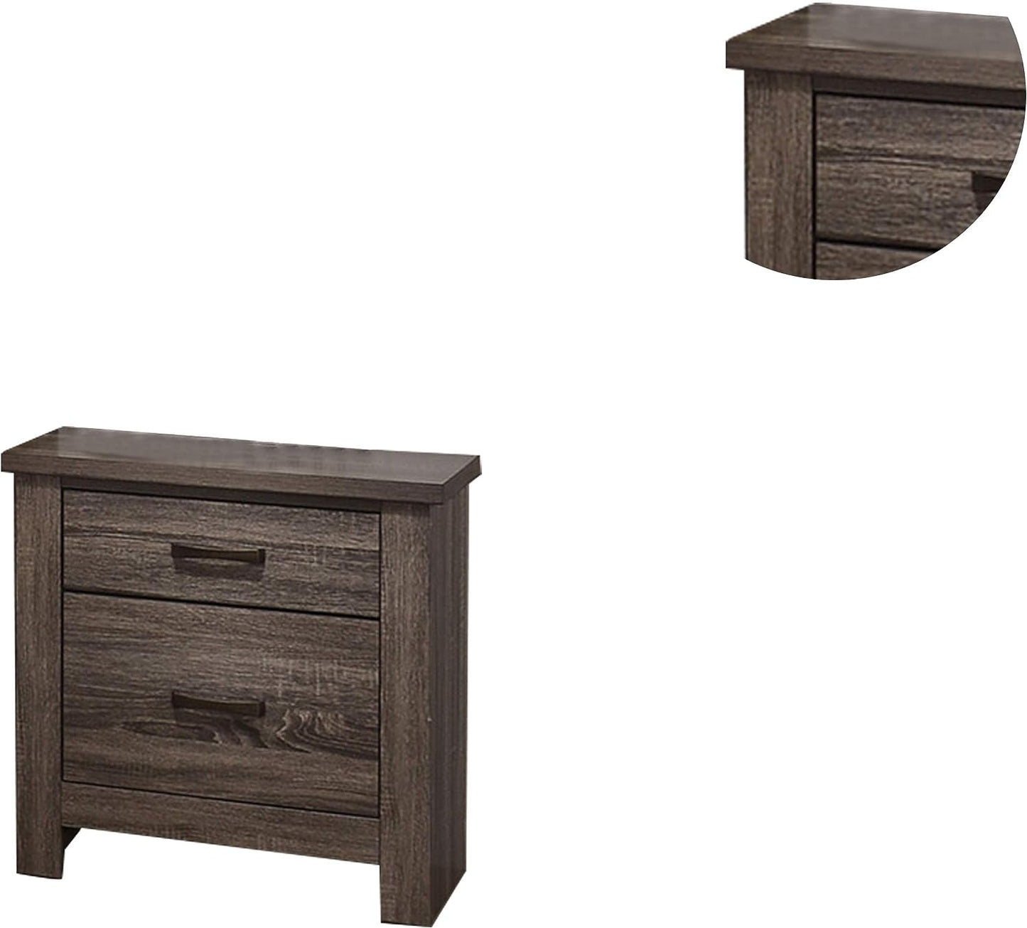 Dark wood nightstand with two drawers and brushed nickel pulls