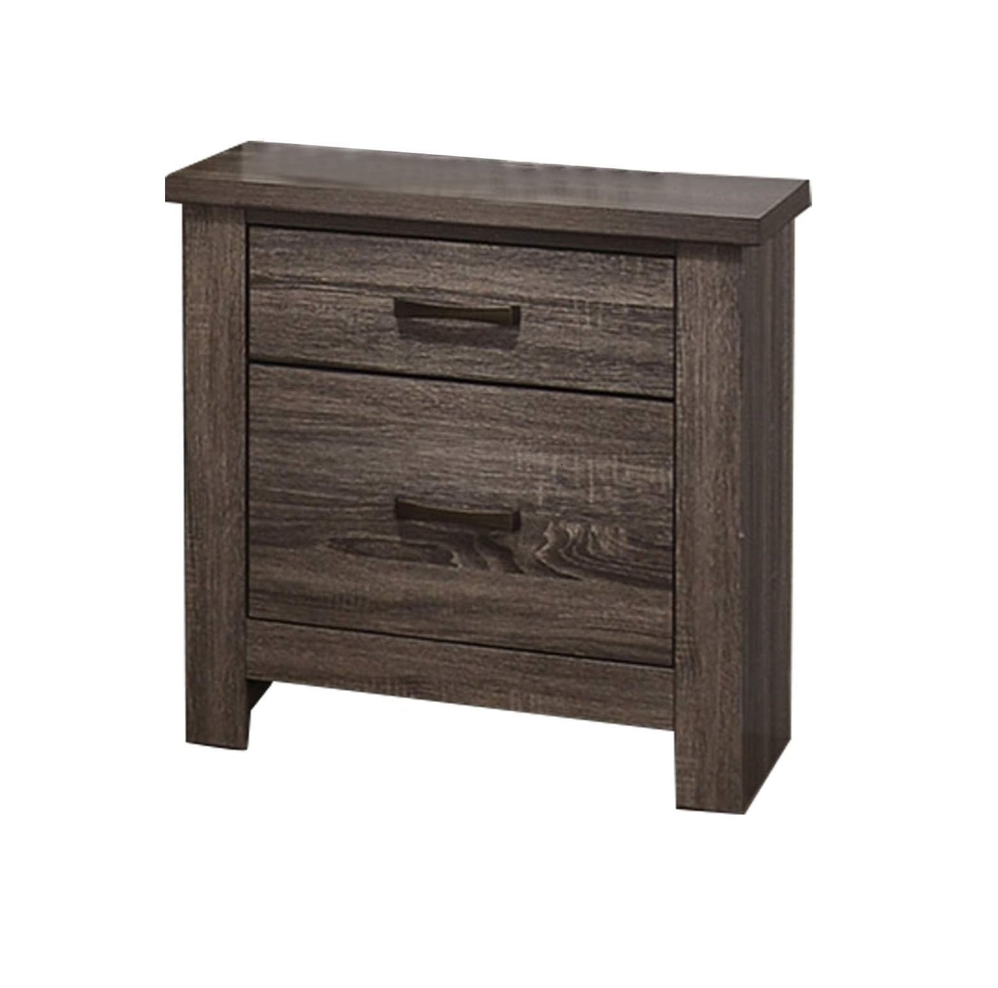 Dark wood grain twodrawer nightstand with bronze handles for bedroom storage