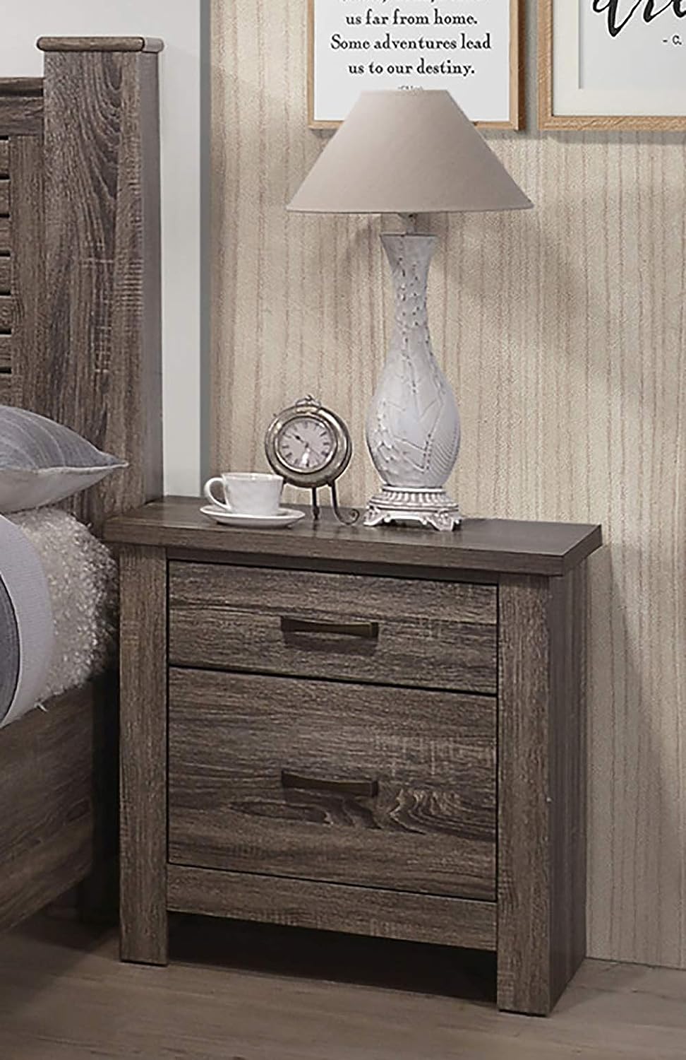 Rustic brown wood nightstand with two drawers and antique clock