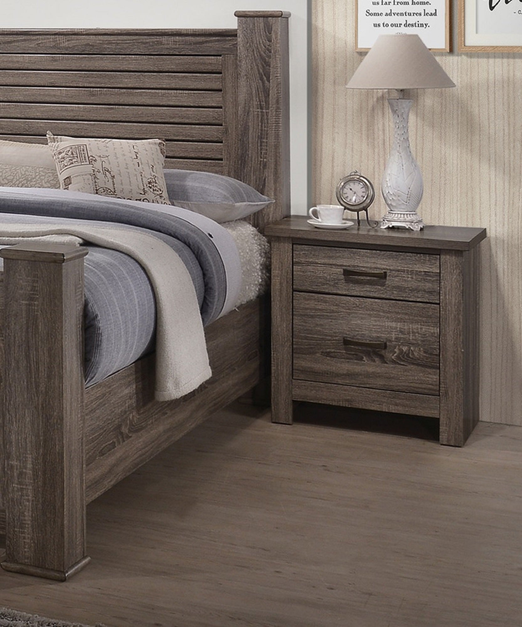 Rustic wood king bed frame with horizontal headboard slats and textured finish