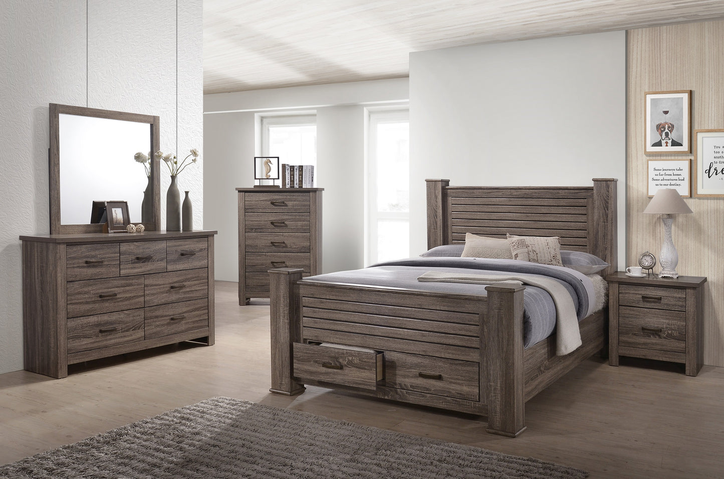 Rustic brown wood queen bed frame with horizontal slats and storage drawers