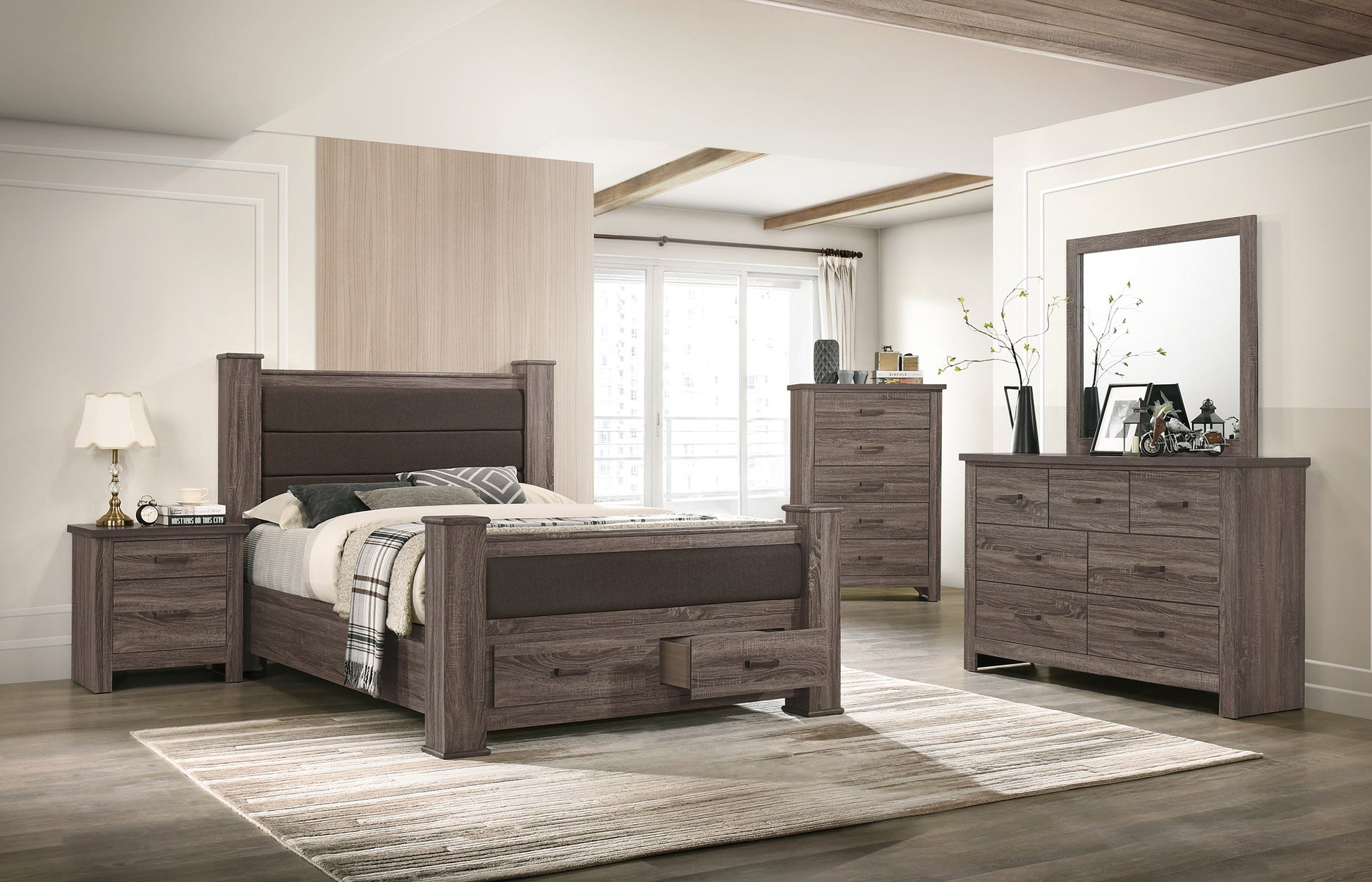 Dark wood upholstered king bed with storage drawers and matching nightstand