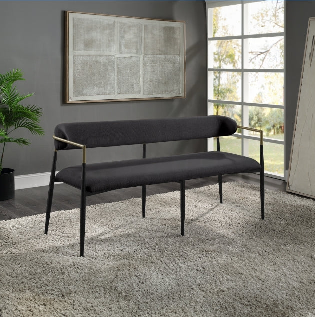 Modern charcoal upholstered bench with gold metal armrests