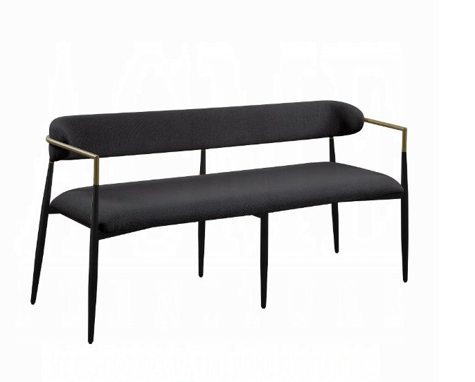 Dark gray upholstered bench with brushed gold arms and black legs