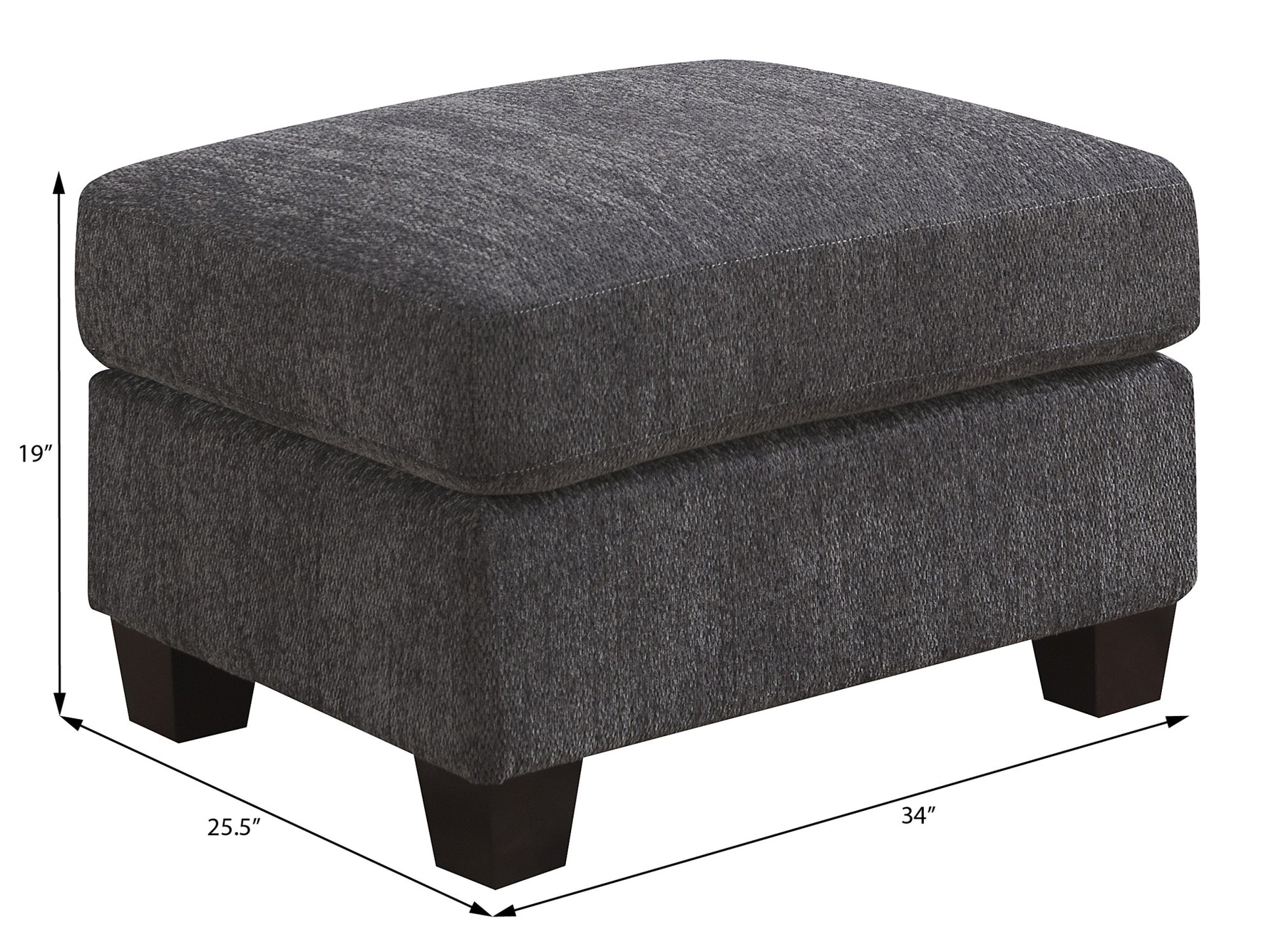 Dark gray upholstered ottoman with tapered wooden legs perfect for living room comfort