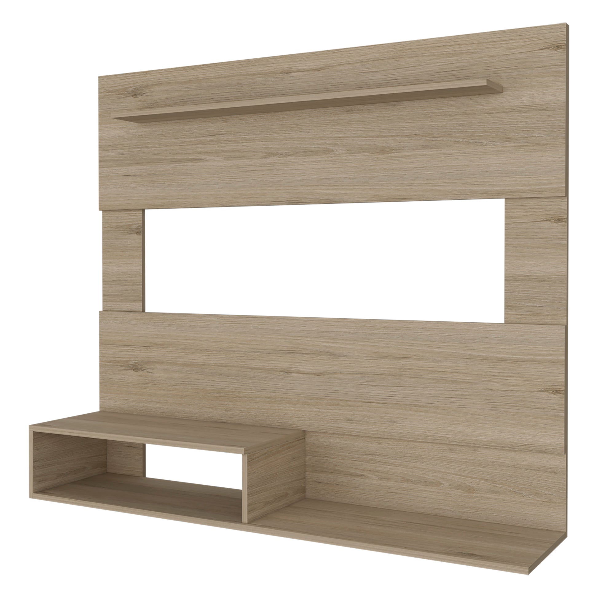 Light oak wood TV stand with floating shelves and open storage