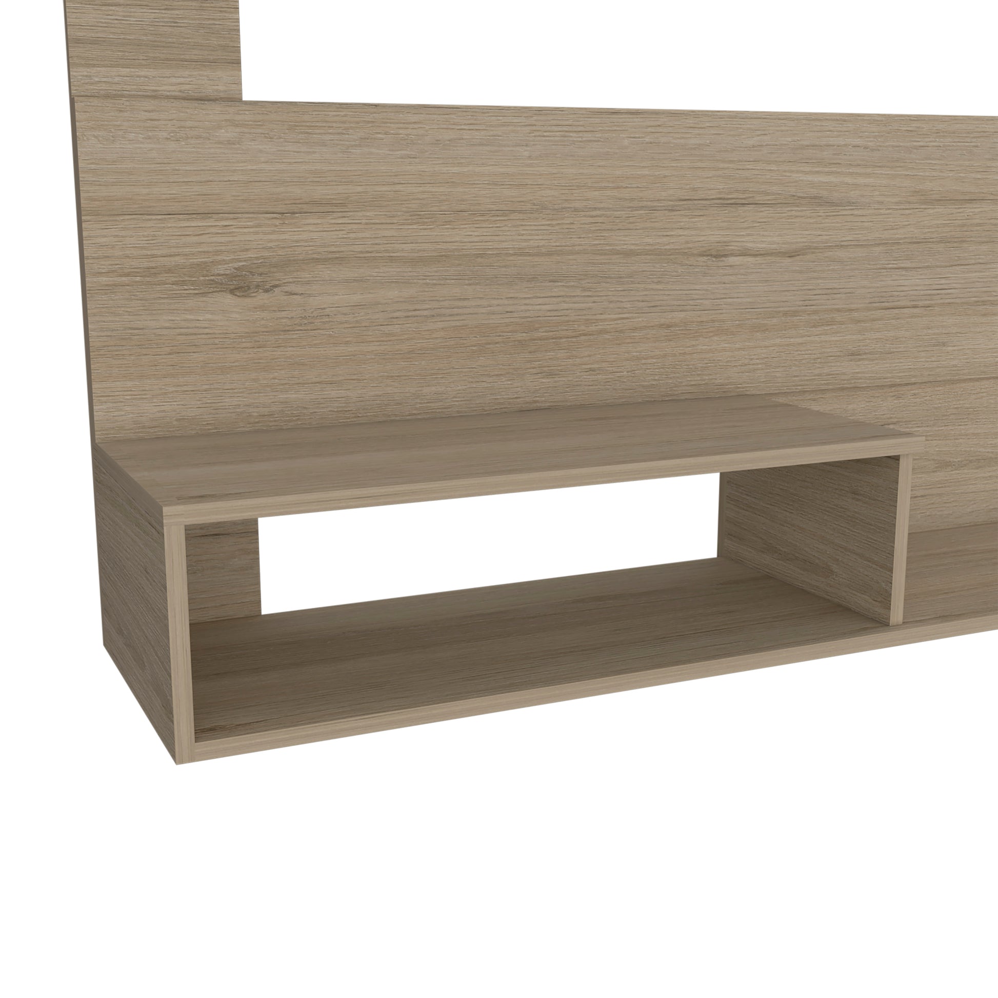 Light oak wood grain TV stand with open shelving for media consoles and accessories