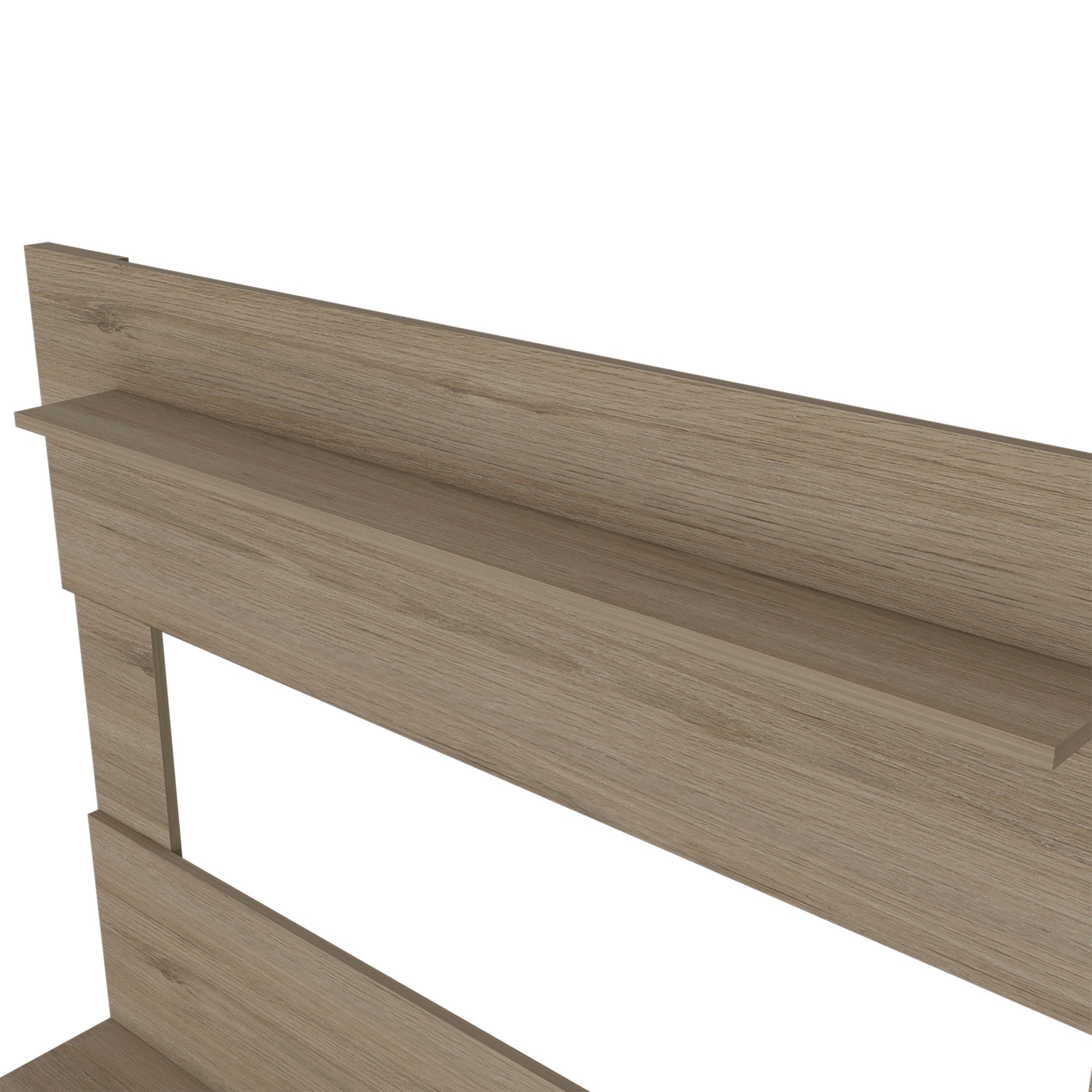 Rustic oak wood headboard with integrated shelf for bedside essentials