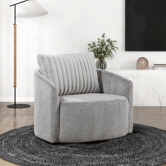 Plush grey swivel accent chair with a ribbed lumbar pillow perfect for modern living rooms