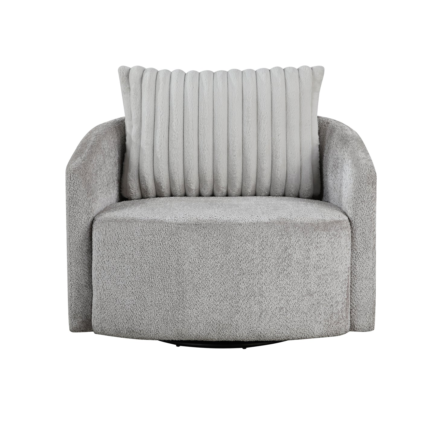 Cozy grey swivel accent chair with plush boucle fabric and a textured lumbar pillow