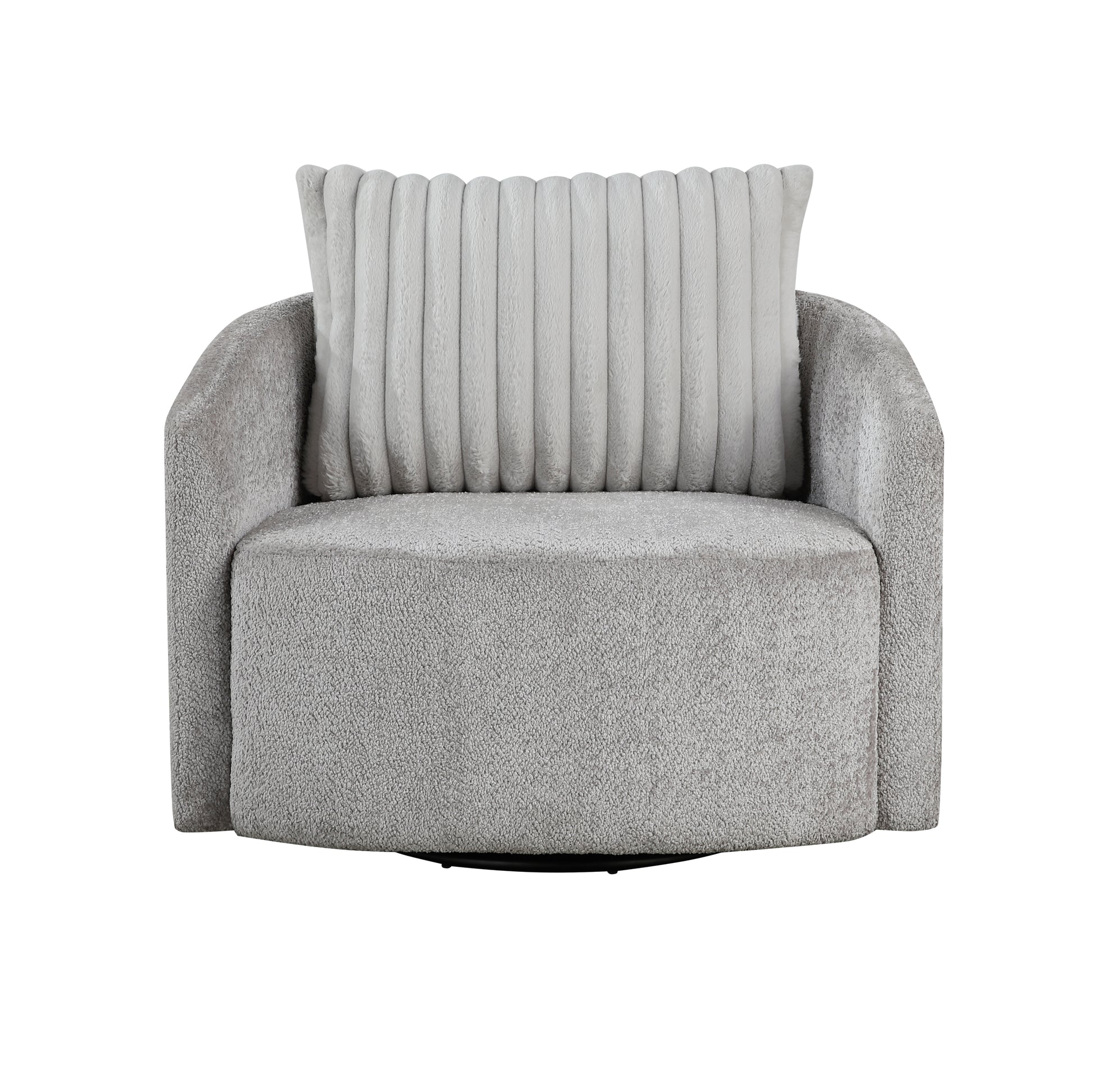 Cozy grey swivel accent chair with plush boucle fabric and a textured lumbar pillow