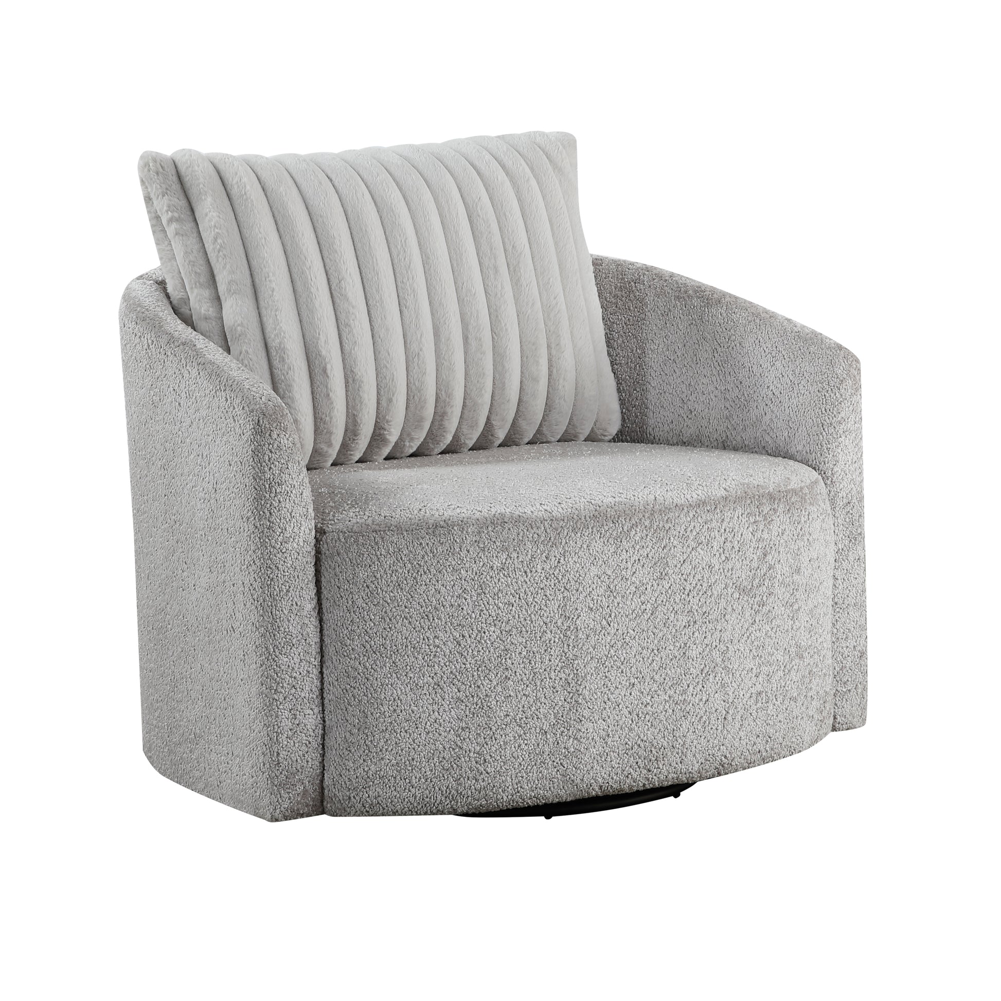 Grey swivel accent chair with plush boucle fabric and channeltufted pillow