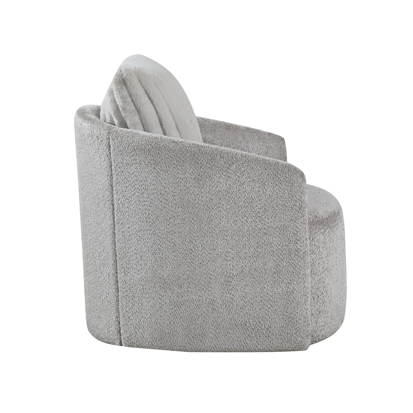 Plush gray swivel chair with a rounded silhouette and cozy texture perfect for living rooms
