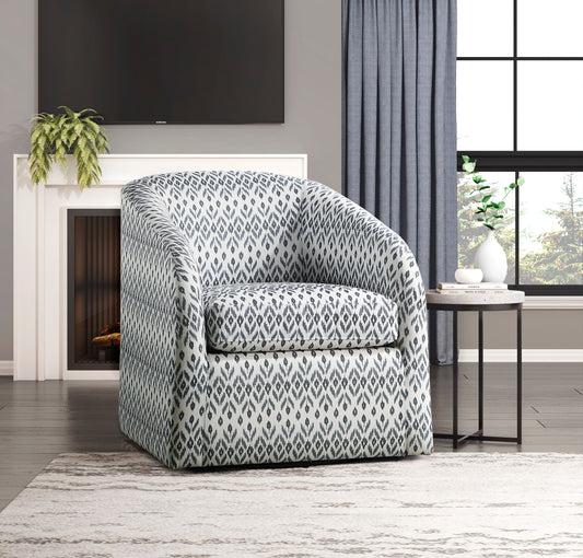 Cream and navy ikat pattern swivel accent chair with plush seating for modern living rooms