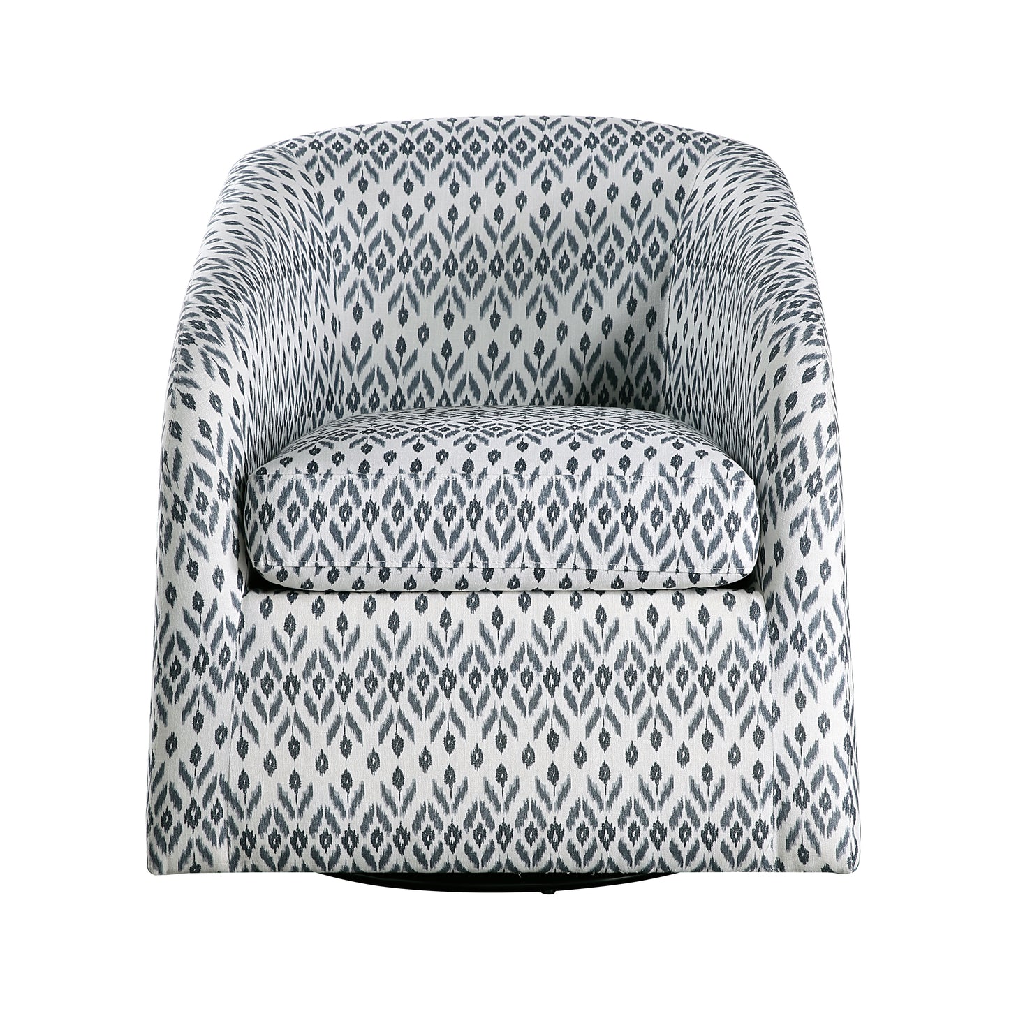 Modern swivel accent chair with grey and white ikat print upholstery