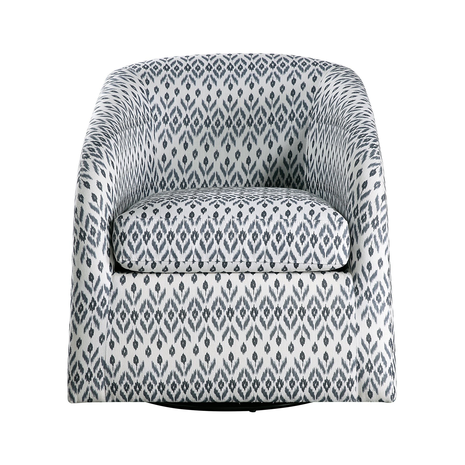 Modern swivel accent chair with grey and white ikat print upholstery