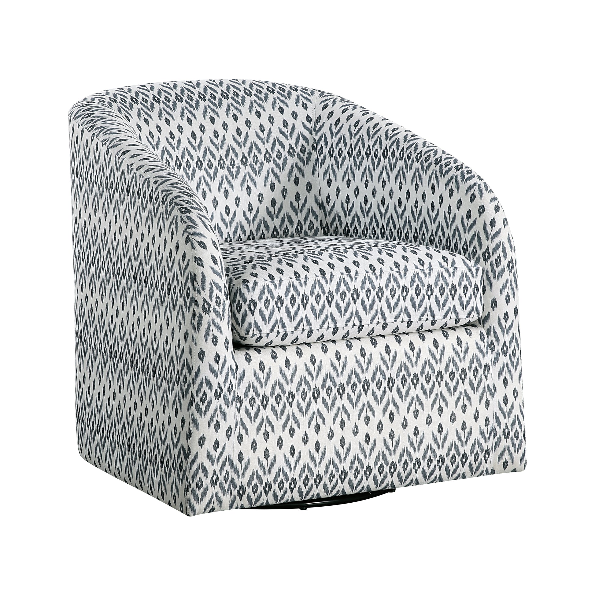 Gray and white patterned accent chair with swivel base and rounded arms